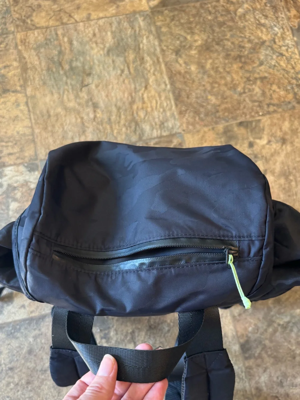 Athleta Venture Utility Backpack Black Camo Laptop Pocket Gym Work waterproof
